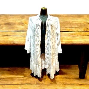 Lilly Pulitzer White Sheer Coverup bell sleeves ruffle bottom. Button up